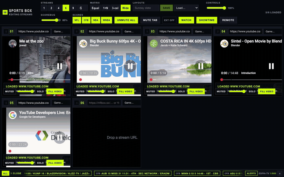 Video Grid demo: six panels in Wide, then 1+N with four, Solo, and Showtime